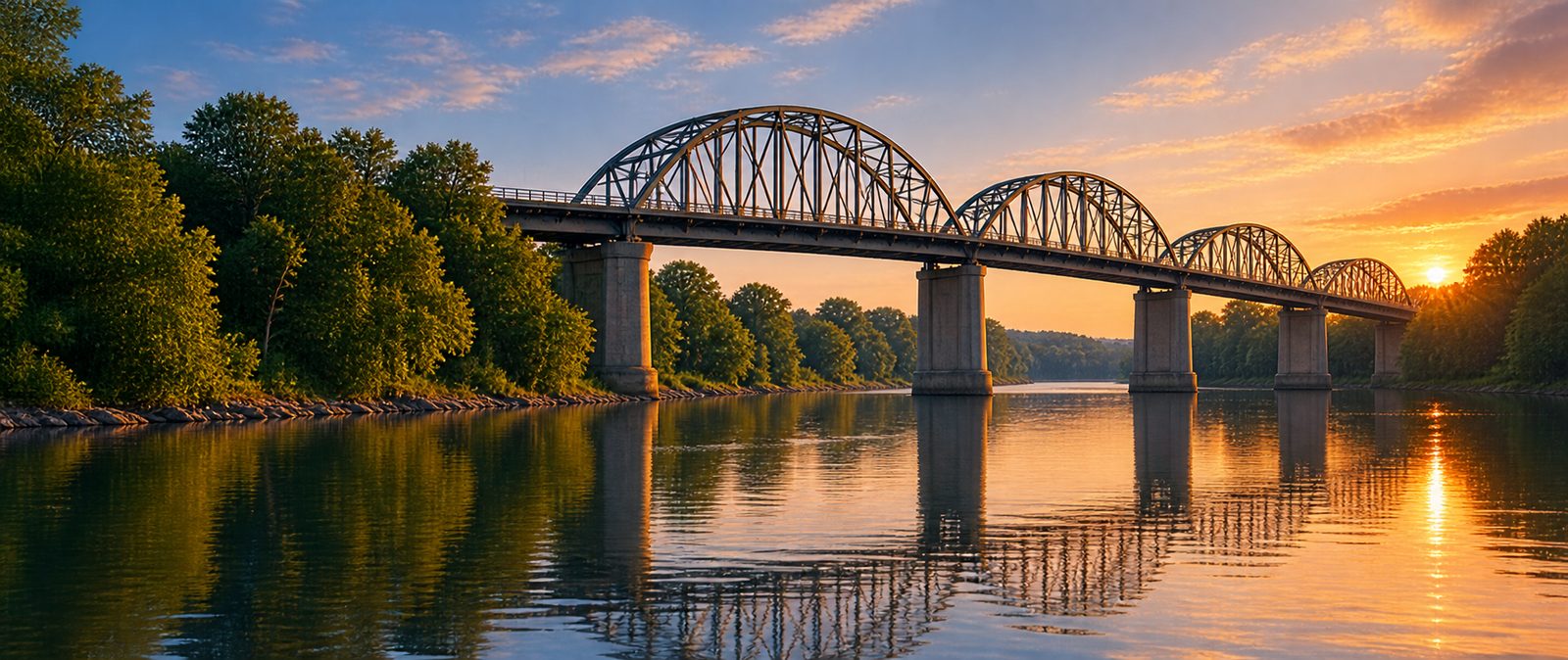Historic steel truss bridge over the Willamette River at golden hour in Albany, Oregon