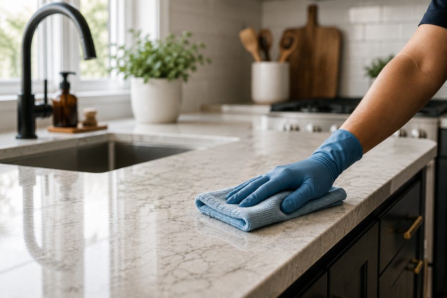 Gloved cleaner wiping down a kitchen countertop during a deep clean